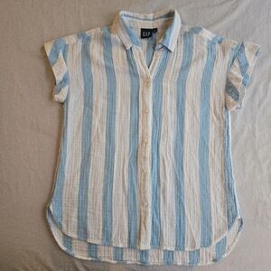 Gap Oversized Cotton Linen Blue & White Striped Button Down Cap Sleeve Shirt